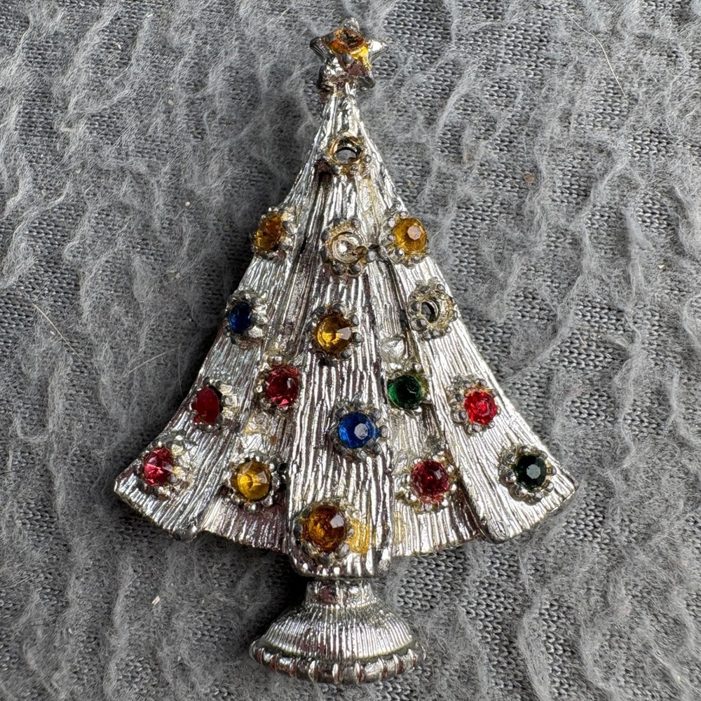 Vintage Silver Tone Rhinestone Christmas Tree Brooch Pin Multi Color As-Is